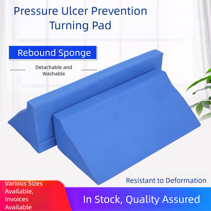The bedridden elderly person is in a lateral position with a sponge pillow when turning over